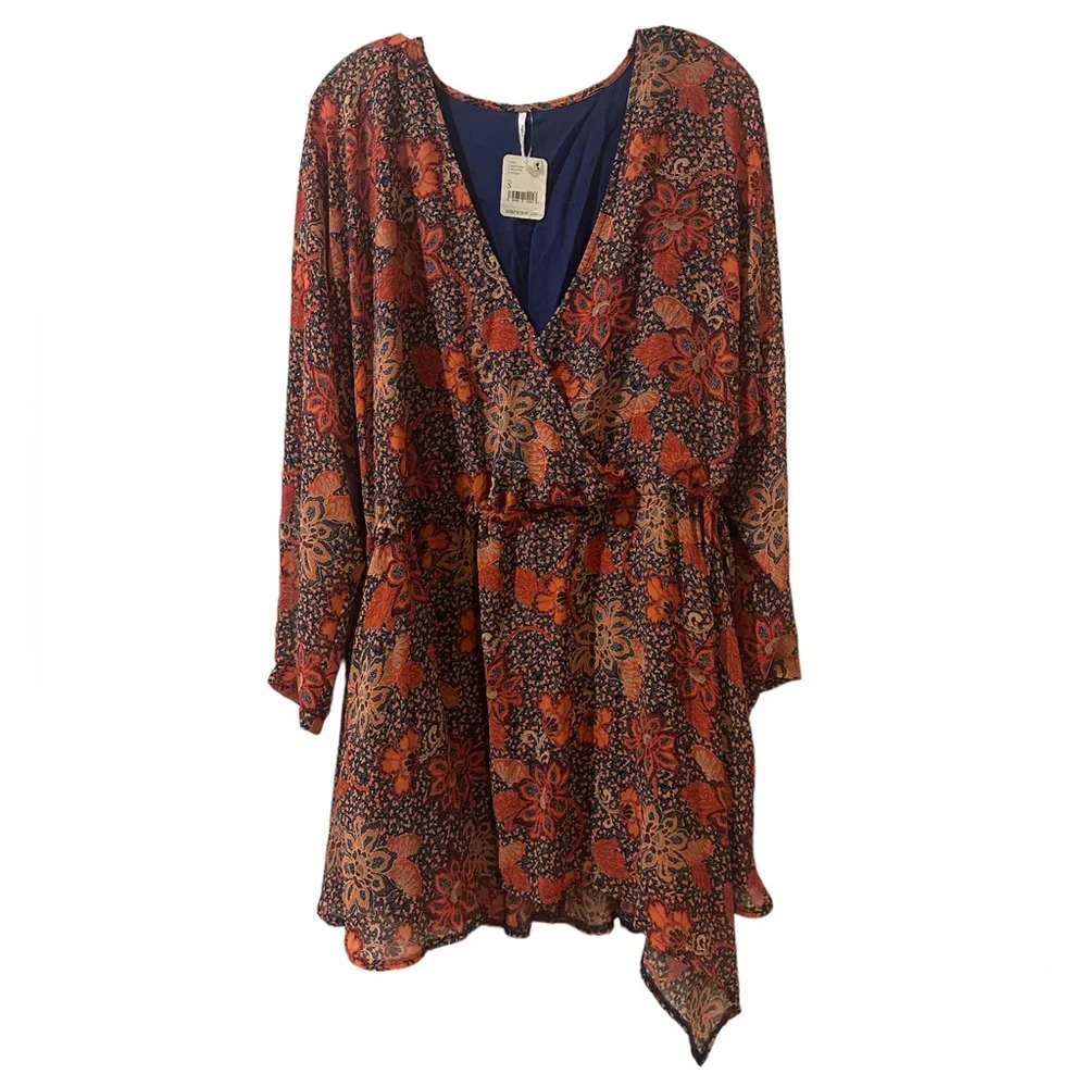 Free People Teegan Floral Faux Wrap Long Sleeve Mini Dress Size S NEW with Tag